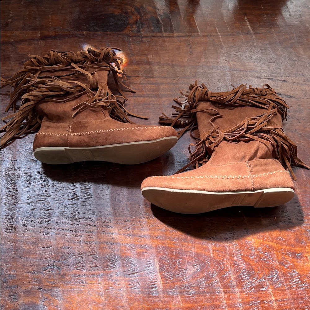 MOSSIMO Ankle Boots Double Fringe Suede Leather Chestnut Brown Women's Size 10 - Picture 3 of 11